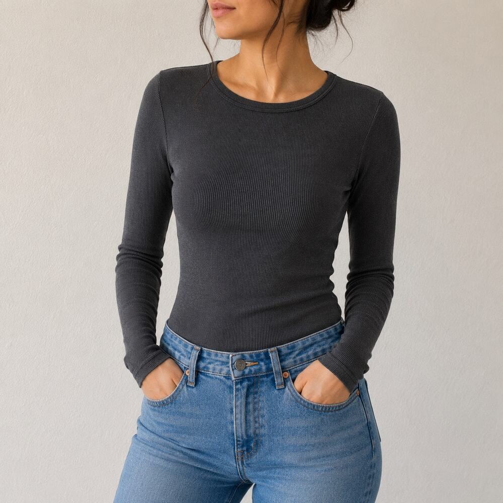 Zara Charcoal Gray Fitted Ribbed Long Sleeve Top Sz M